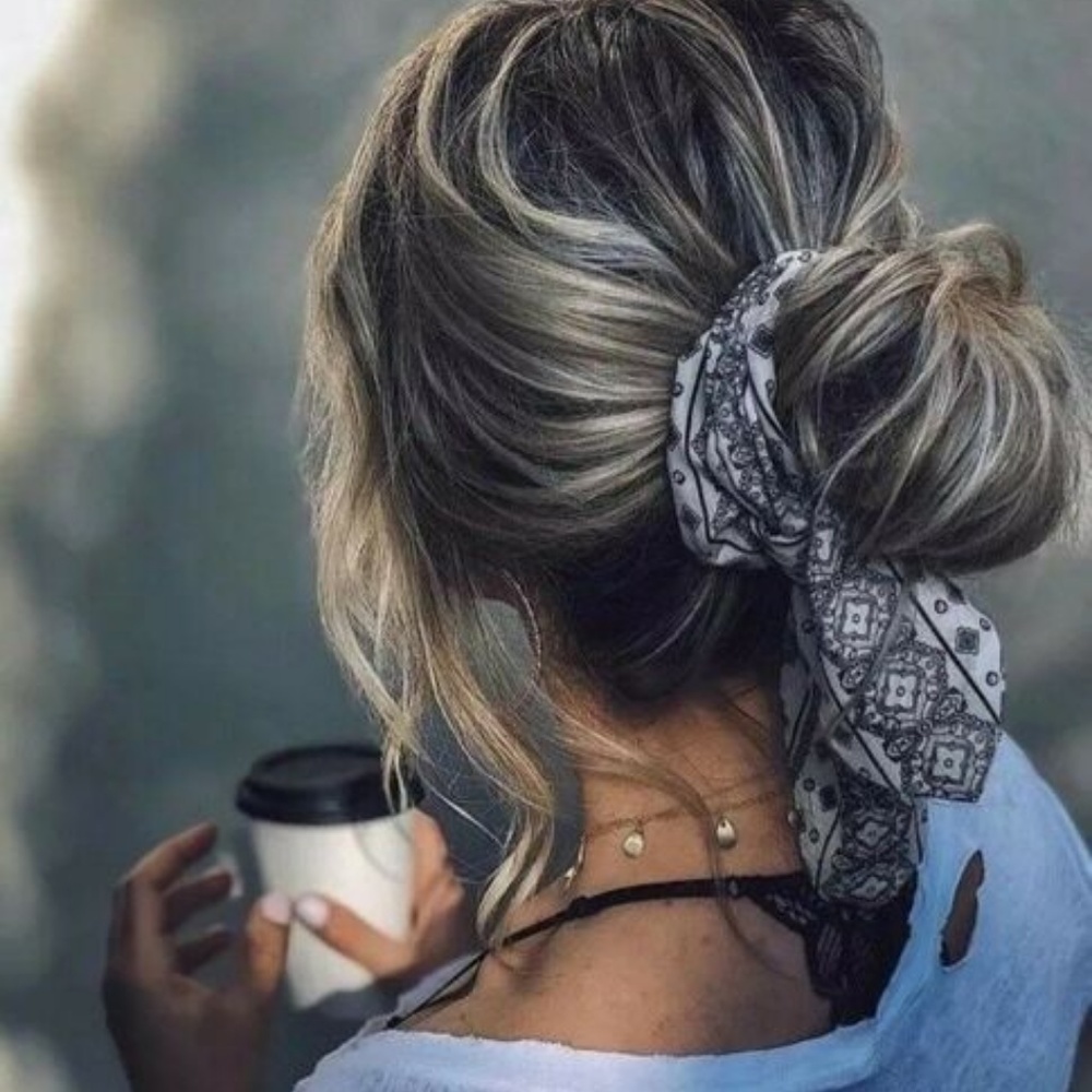 White Paisley Handkerchief Chiffon Hair Scarf Tie - Picture 3 of 7